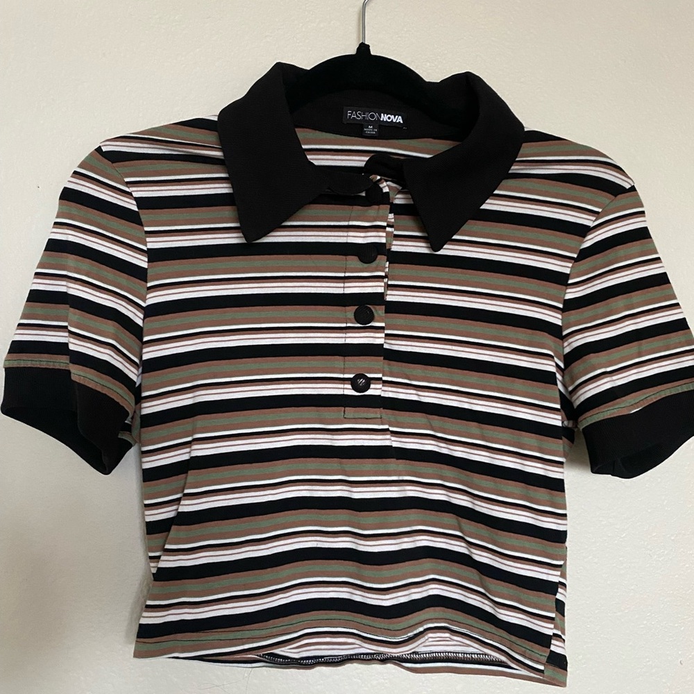 Fashion Nova Brown and Black Striped Button Down Shirt